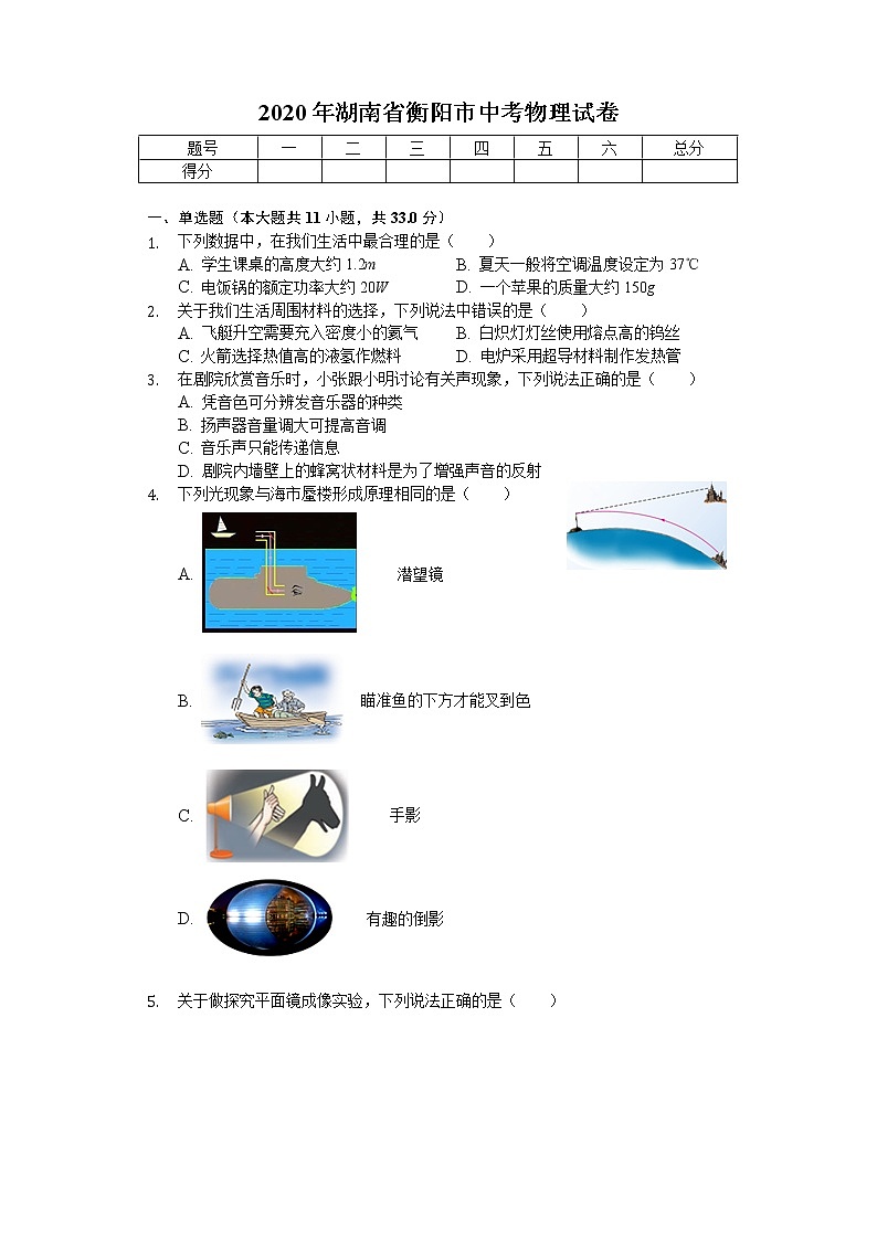 2020年湖南省衡阳市中考物理试卷01