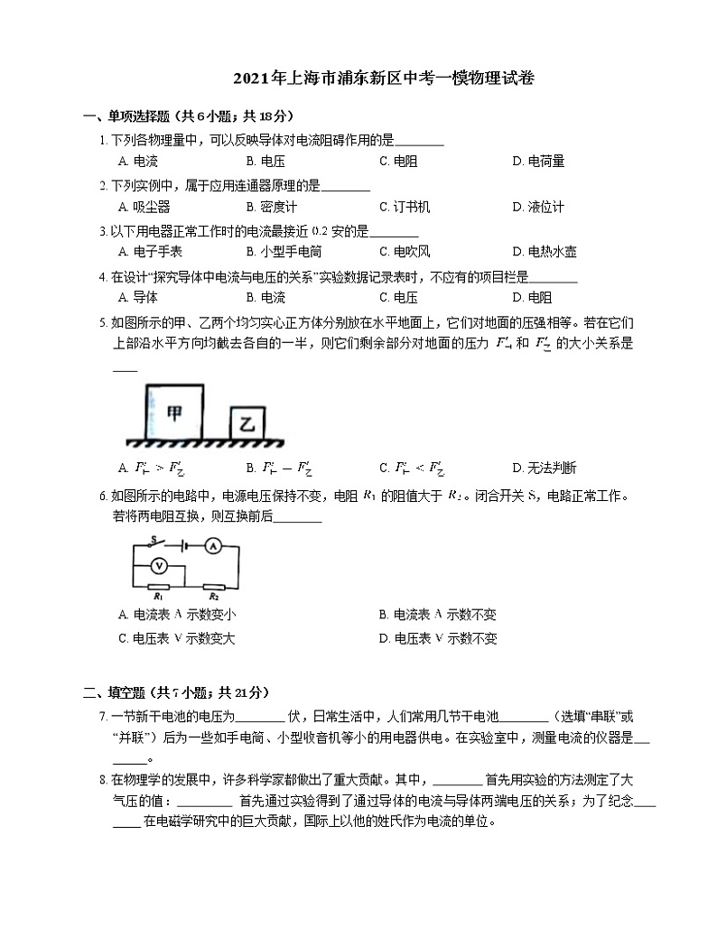 2021年上海市浦东新区中考一模物理试卷第1页