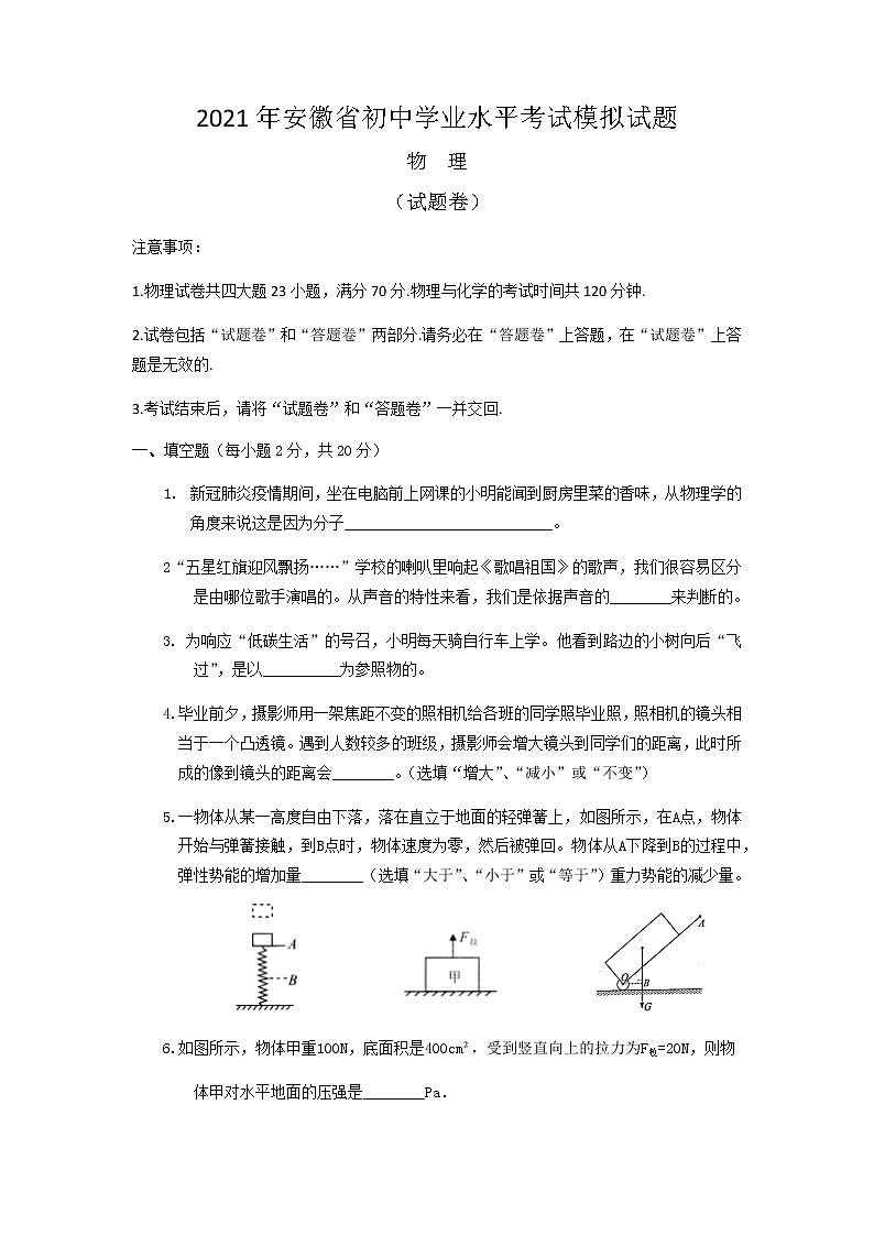 2021年安徽省初中学业水平考试模拟试题-物理第1页