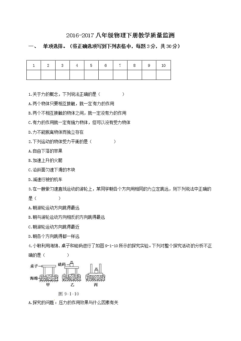 天津市宁河区2016-2017学年八年级下学期期中考试物理试题第1页