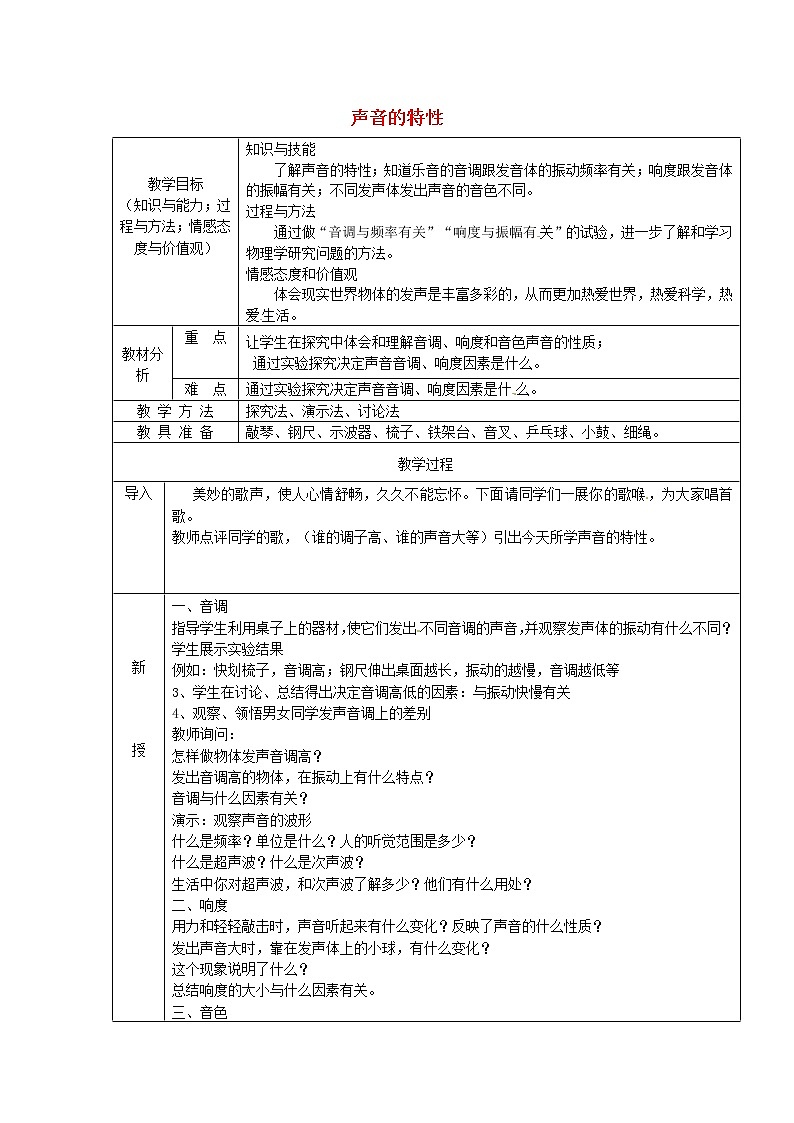 人教版八年级上册物理2.2 声音的特性 教案 301