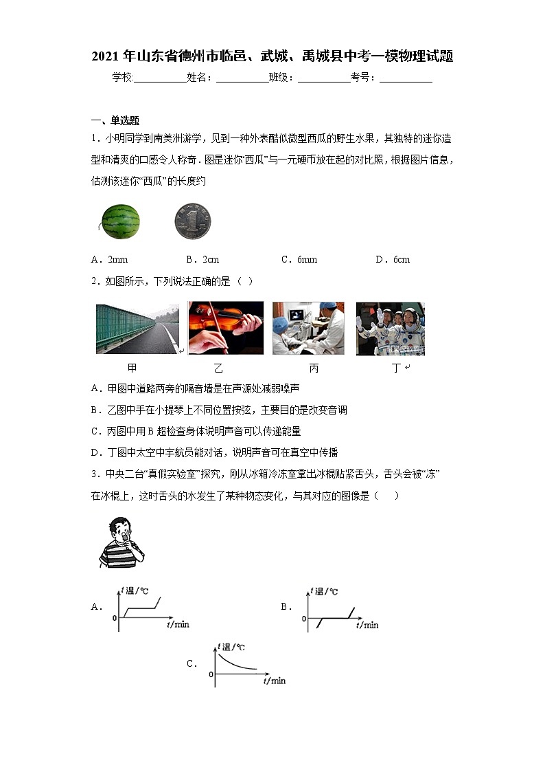 2021年山东省德州市临邑、武城、禹城县中考一模物理试题（word版 含答案）第1页