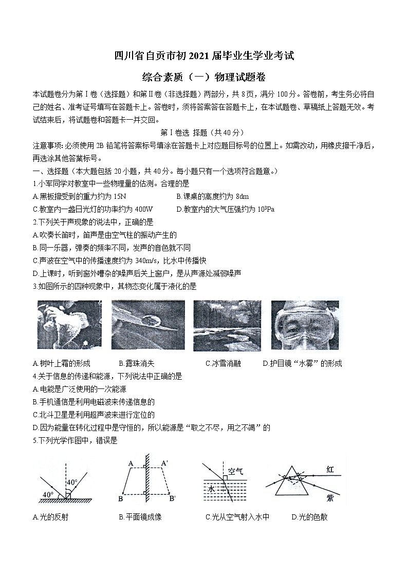 2021年四川省自贡市中考物理真题卷 (无答案)01