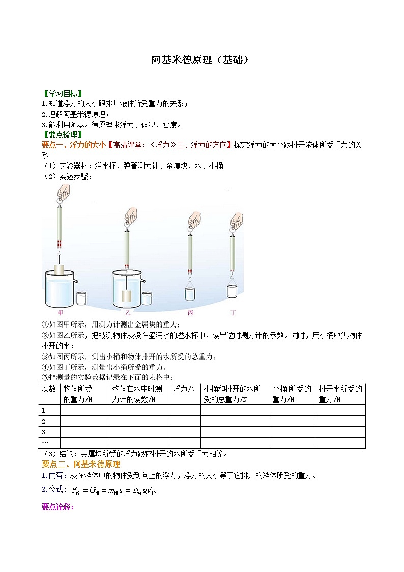 八年级下册人教版物理76【基础】阿基米德原理- 学案+习题01