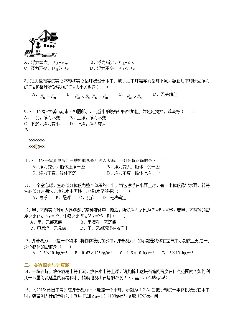 八年级下册人教版物理79【提高】物体的浮沉条件及应用--- 学案+习题02