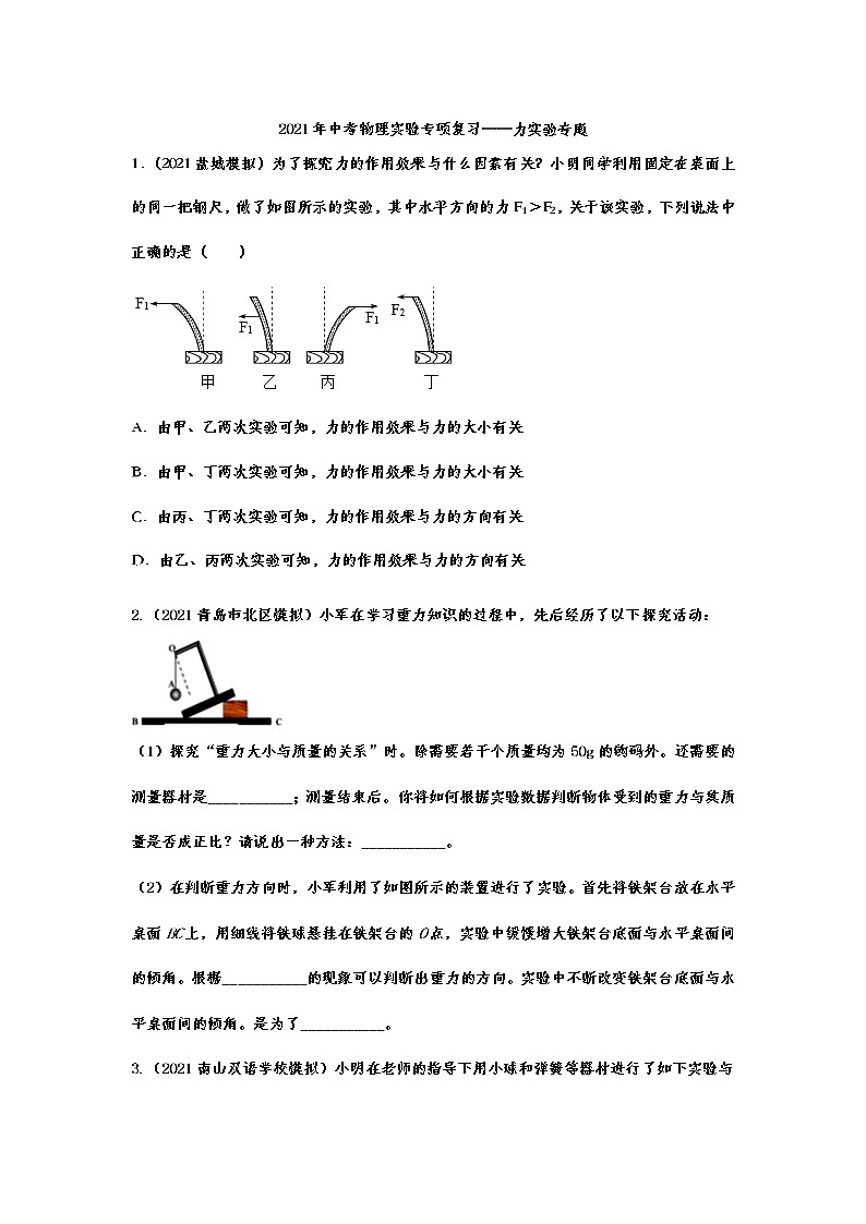2021年中考物理实验专项复习——力实验专题01