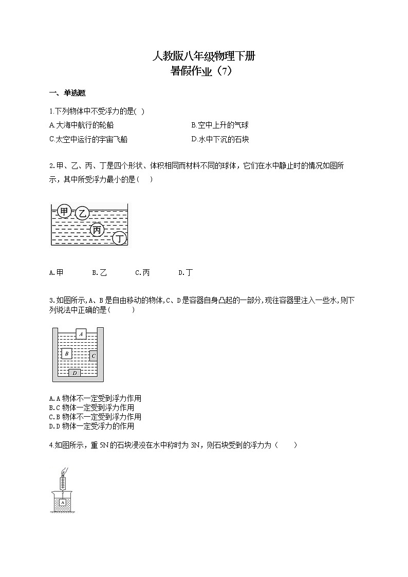 人教版八年级物理下册 暑假作业（7） 练习01
