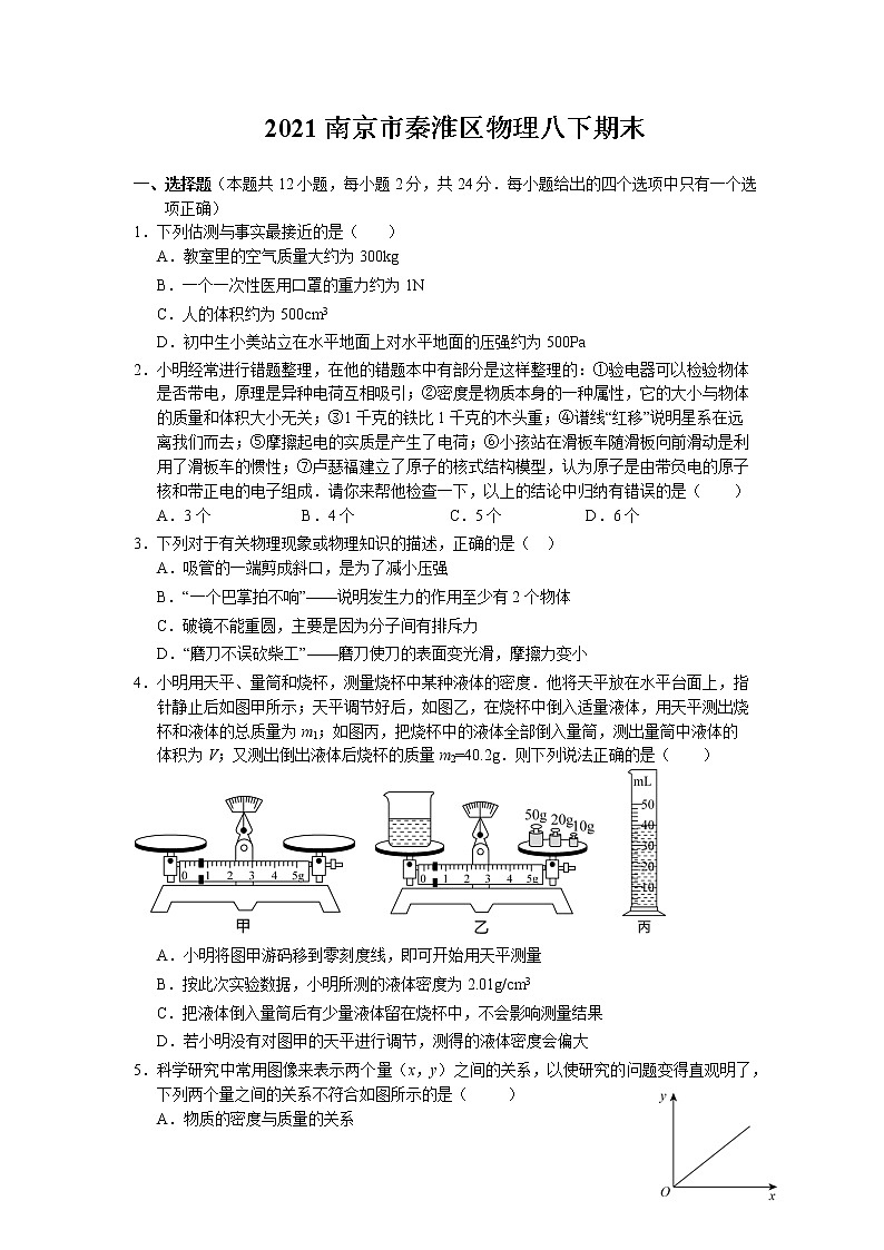 2021年6月22日江苏省南京秦淮区八年级下学期期末物理试卷（word版含答案）第1页