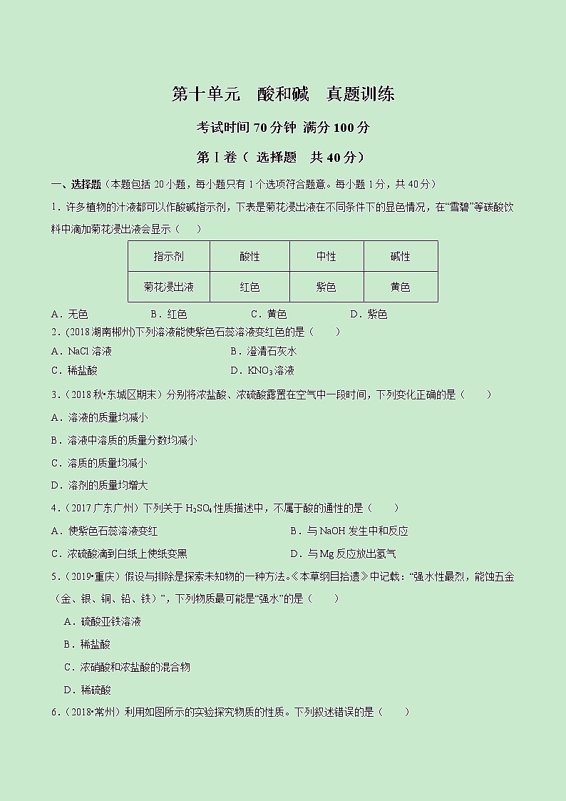第十单元  酸和碱【真题训练】学年九年级化学下册单元复习一遍过（人教版）（原卷版）第1页