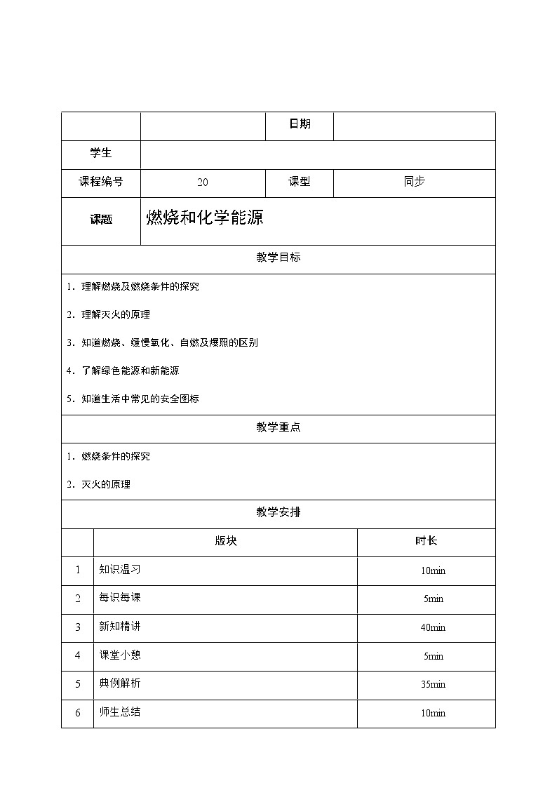 20 燃烧和化学能源  沪教版（上海）九年级化学上册暑假班教学案（机构）02