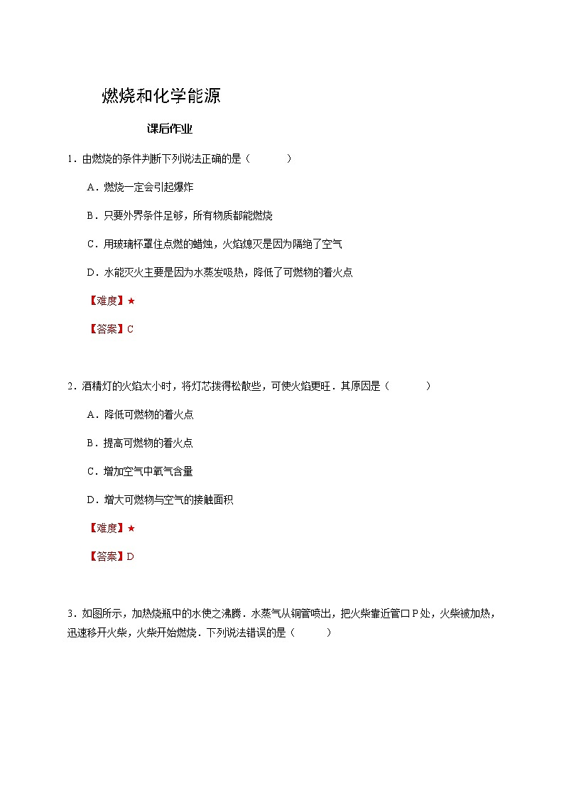 20 燃烧和化学能源 沪教版（上海）九年级化学上册暑假班课后练习（机构）01