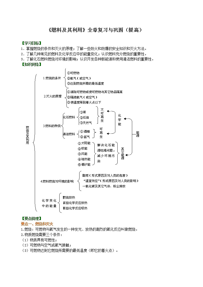 人教版初中化学九年级（上册）第七单元《燃料及其利用》全章复习与巩固（提高） 知识讲解学案01