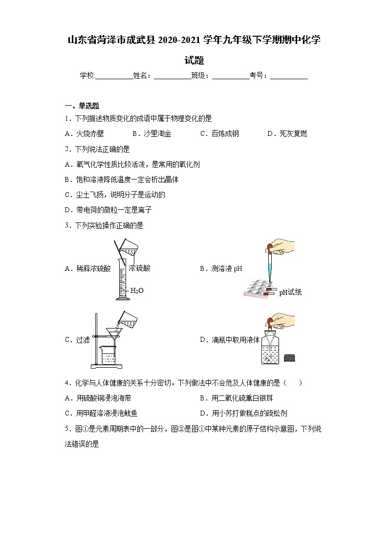 山东省菏泽市成武县2020-2021学年九年级下学期期中化学试题（word版 含答案）01
