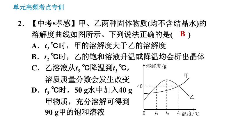 鲁教版九年级下册化学课件 第8单元 单元高频考点专训 专训1 溶解度曲线的应用005