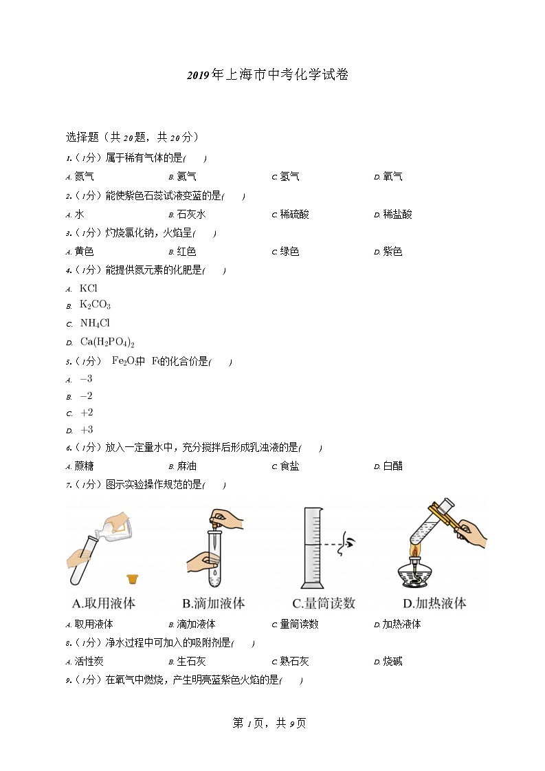 2019年上海市中考化学试卷第1页