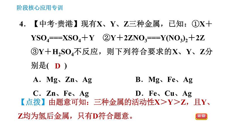 人教版九年级下册化学习题课件 第8单元 阶段核心应用专训 比较金属活动性顺序第6页