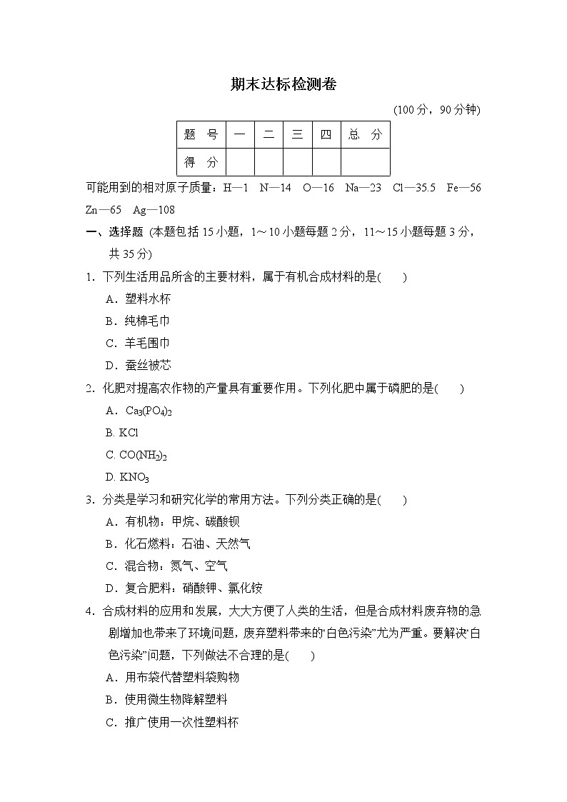 鲁教版九年级下册化学 期末达标检测卷第1页