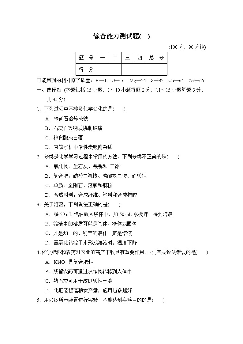 鲁教版九年级下册化学 综合能力测试题（三）第1页