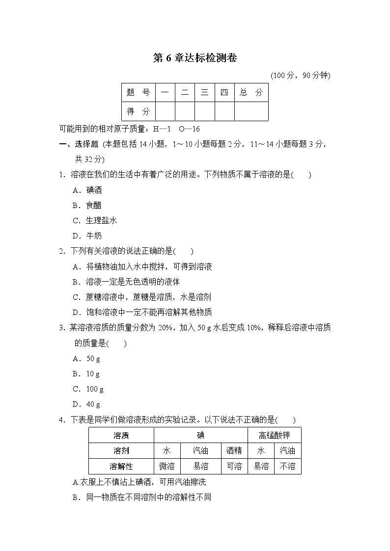 沪教版九年级下册化学 第6章达标检测卷01