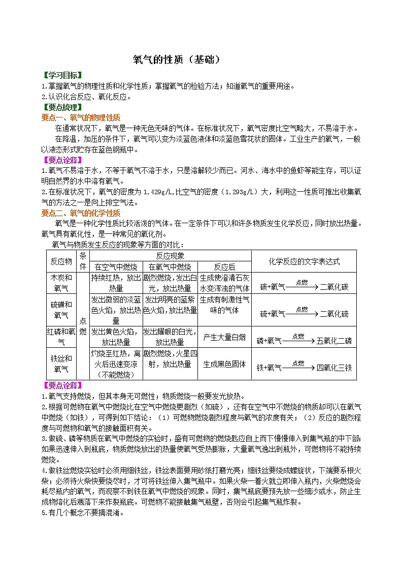 人教版初中化学九年级（上册）第二单元 课题2  氧气的性质（基础学案）01