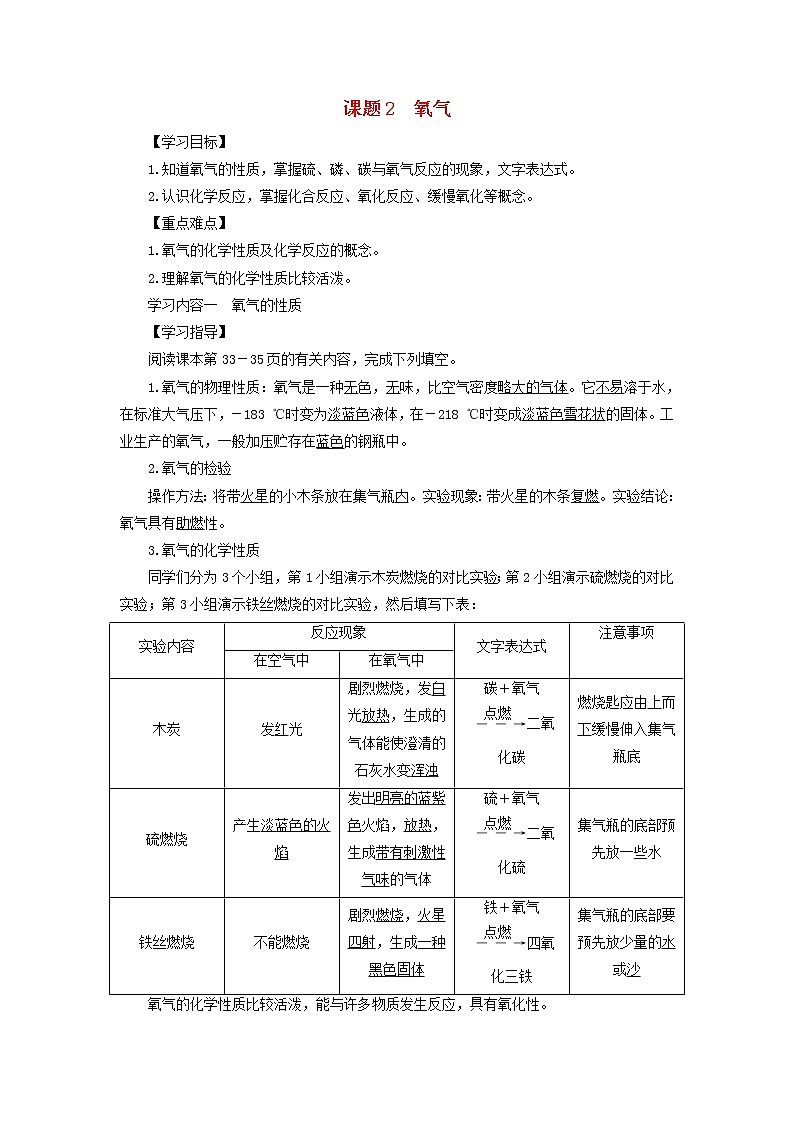 九年级化学上册第二单元我们周围的空气课题2氧气教案新版01