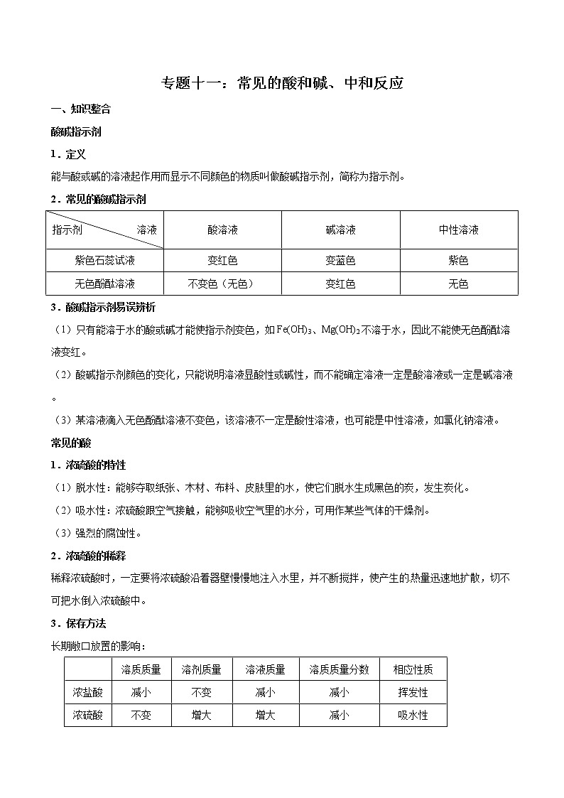 专题11：常见的酸和碱、中和反应学案第1页