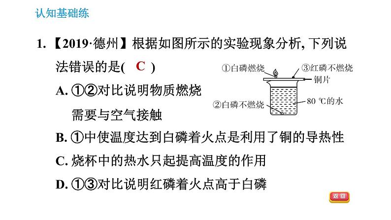 人教版九年级上册化学习题课件 第7单元 7.1.1.1 燃烧的条件第3页