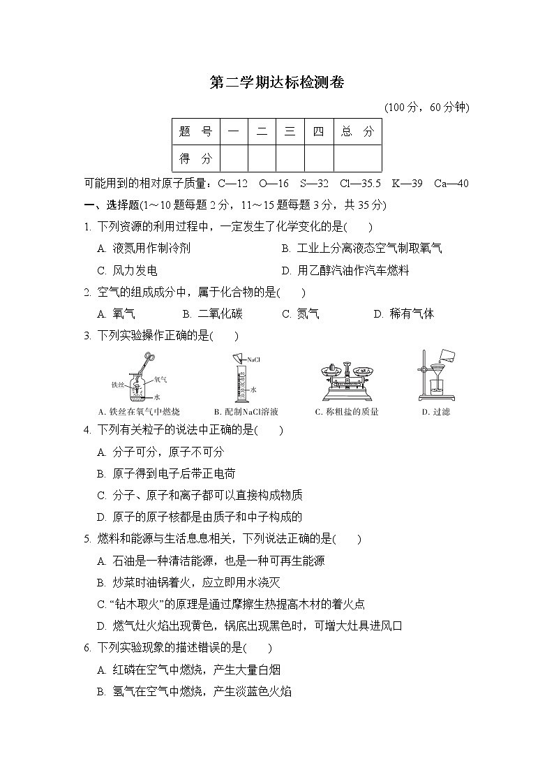 鲁教五四版八年级全一册化学 第二学期达标检测卷第1页