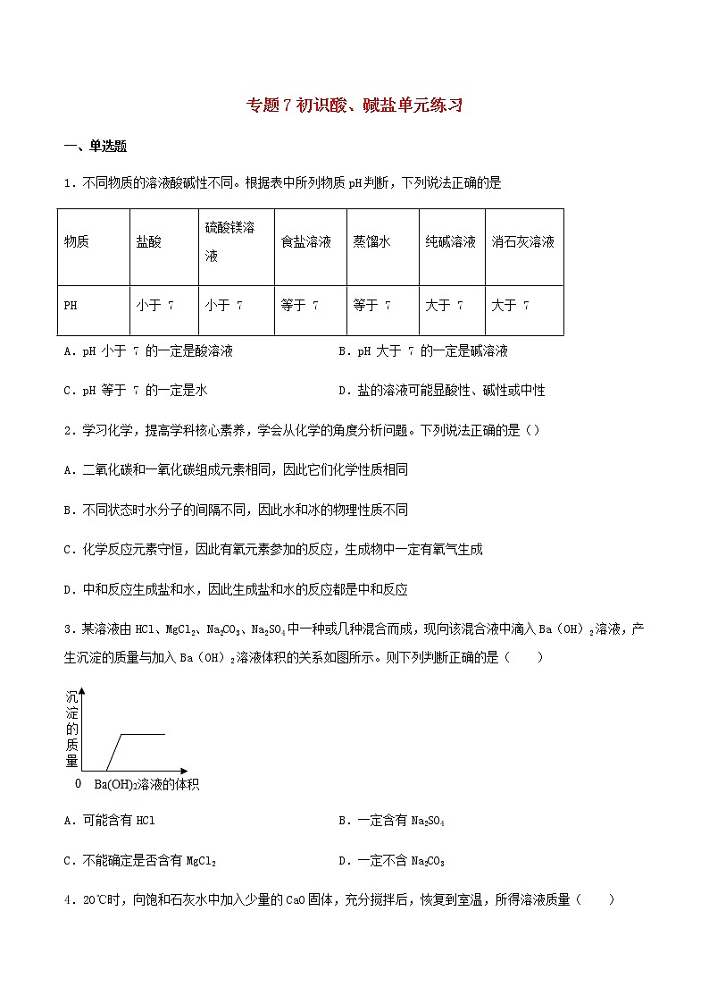 新仁爱版 九年级化学下册专题7初识酸碱和盐单元练习（含解析）第1页