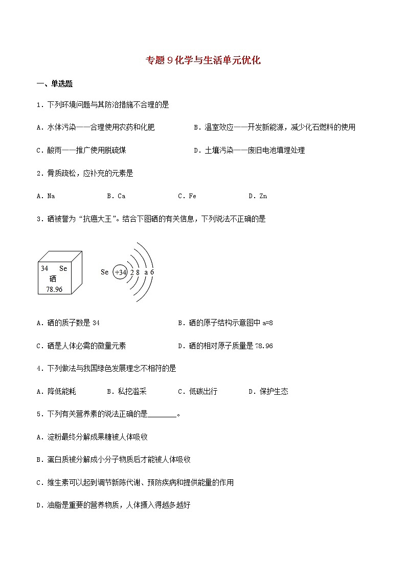 新仁爱版 九年级化学下册专题9化学与生活单元优化（含解析）第1页