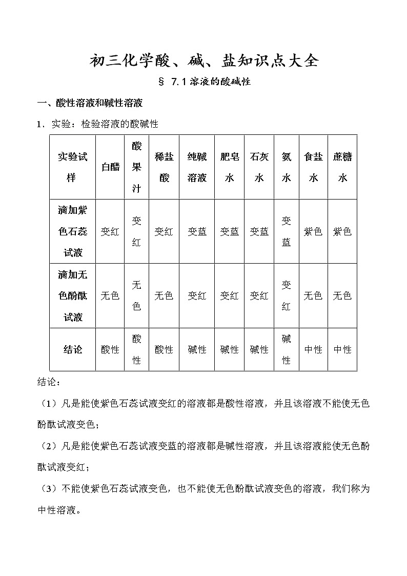 初三化学酸碱盐知识点(最全整理版)(1)练习题01