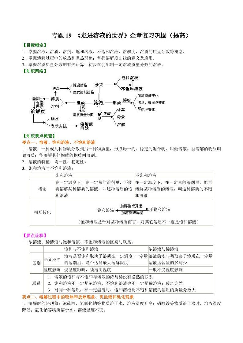 2021年上海市中考新初三暑期化学讲与练 专题19 《走进溶液的世界》全章复习巩固（提高）学案01