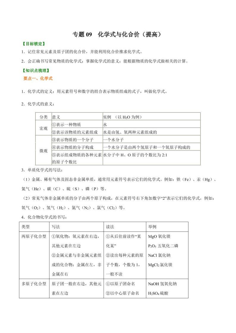 2021年上海市中考新初三暑期化学讲与练 专题09  化学式与化合价（提高）学案01