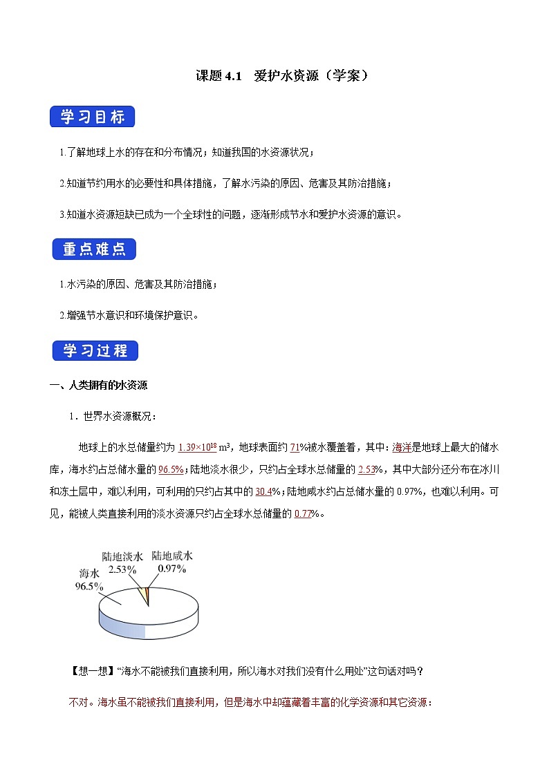 人教版九年级化学上册4.1 爱护水资源 课件学案练习01