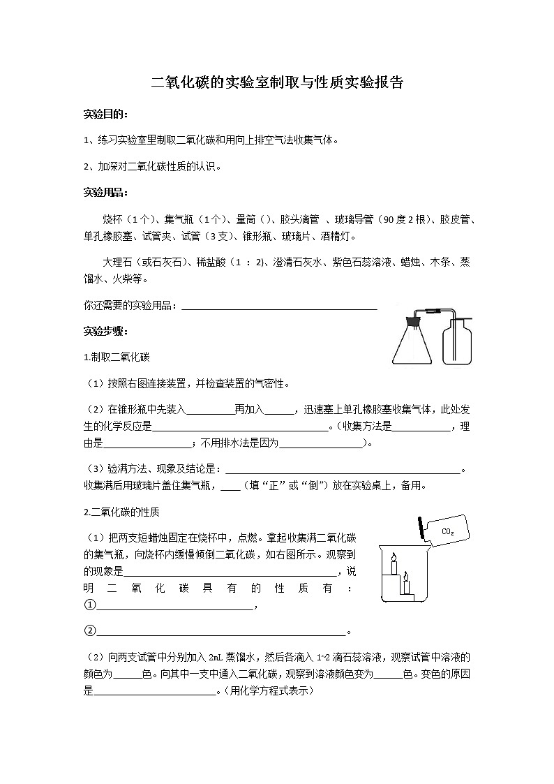人教版九年级上册 第六单元 实验活动2 二氧化碳的实验室制取与性质 导学案(无答案)01