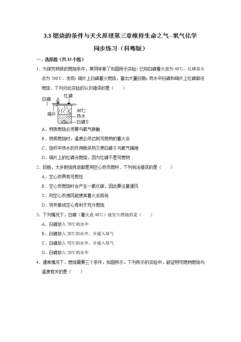 九年级化学科粤版上册3.3燃烧的条件与灭火原理含答案 试卷01