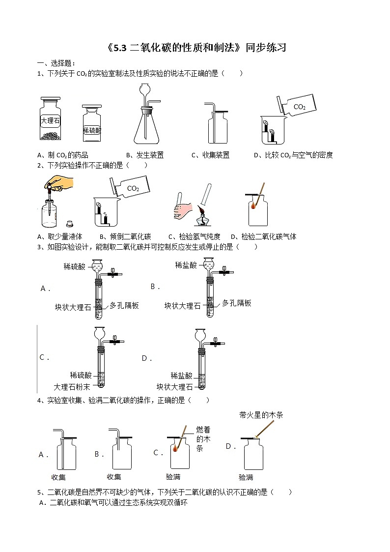 5.3二氧化碳的性质和制法科粤版含答案 试卷01