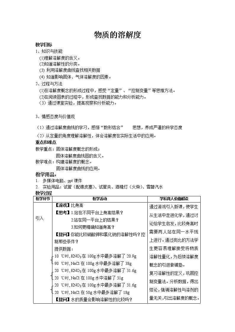 沪教版（上海）九年级化学第一学期3.2物质的溶解度教案第1页