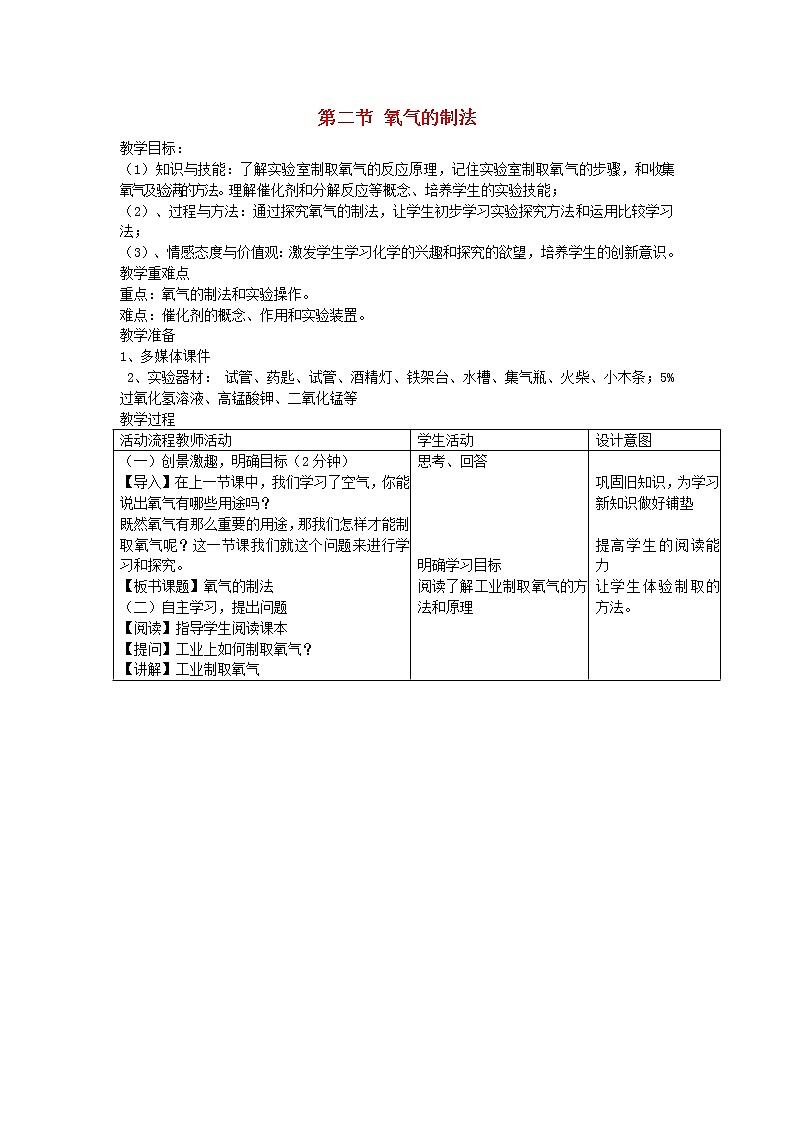 2.2 氧气的制法 教案第1页