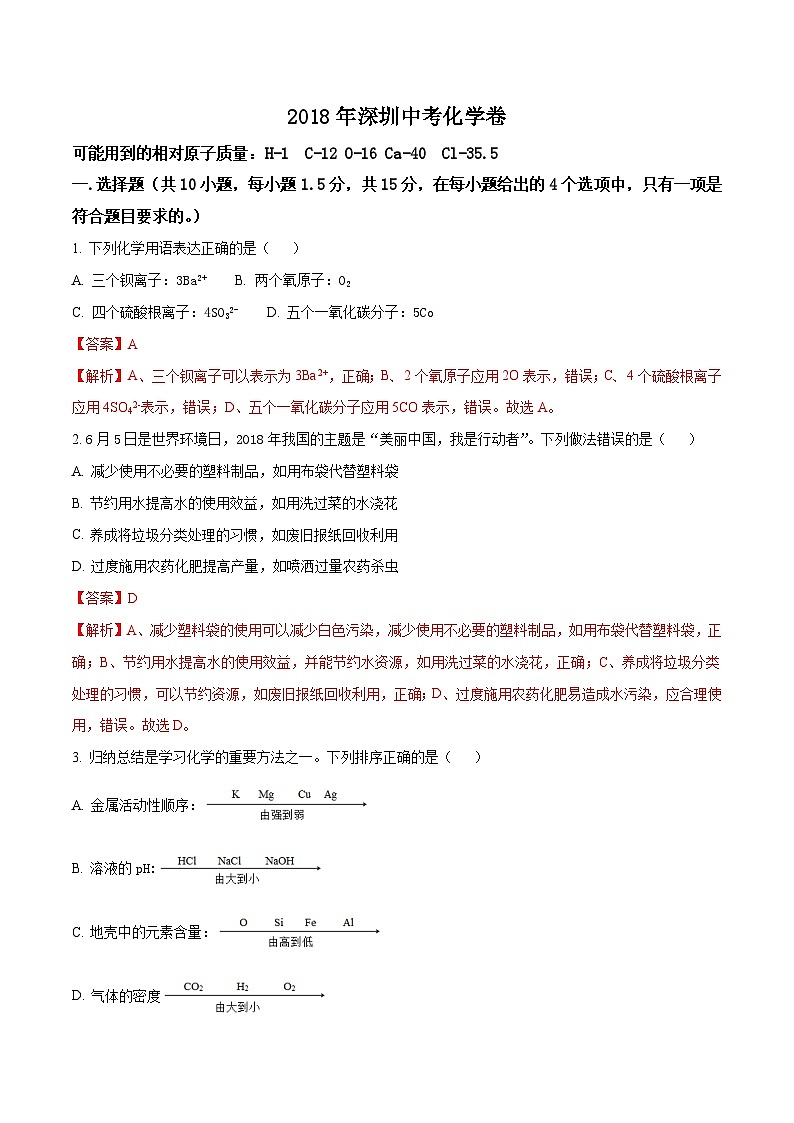 2018年广东省深圳市中考化学试题（原卷+解析）01