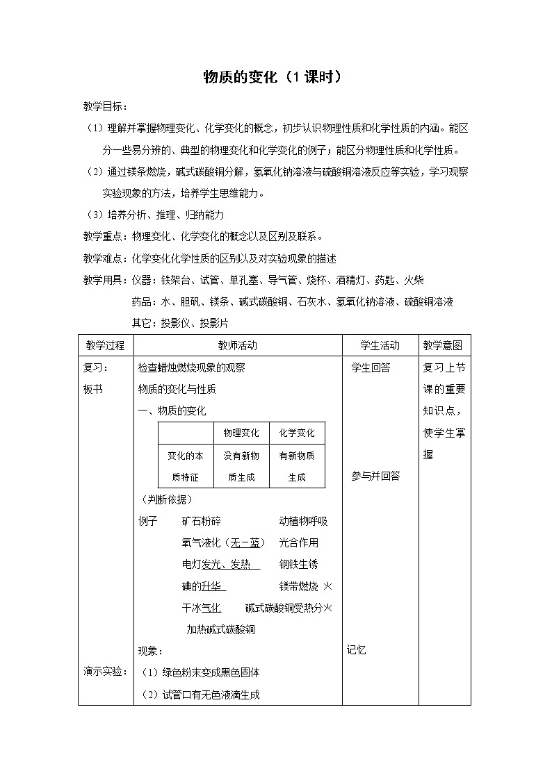 科粤版九年级化学上册：第一单元 1.3 物质的变化-教案（2）01