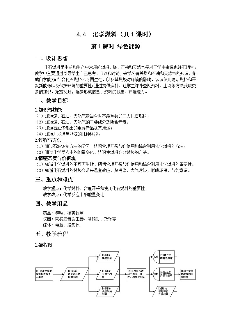 沪教版（上海版）九年级化学上册：4.4 化学燃料（绿色能源）-教案01