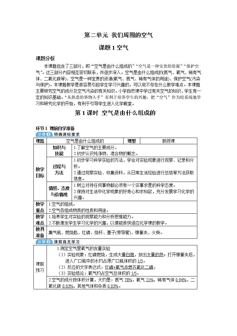 2021年初中化学人教版九年级上册 第二单元 课题1 第1课时 空气是由什么组成的（导学案）01
