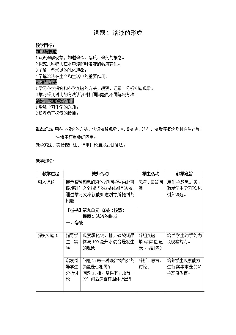 2021人教版初中化学九年级（下册）第九单元  溶液  课题1  溶液的形成教案第1页