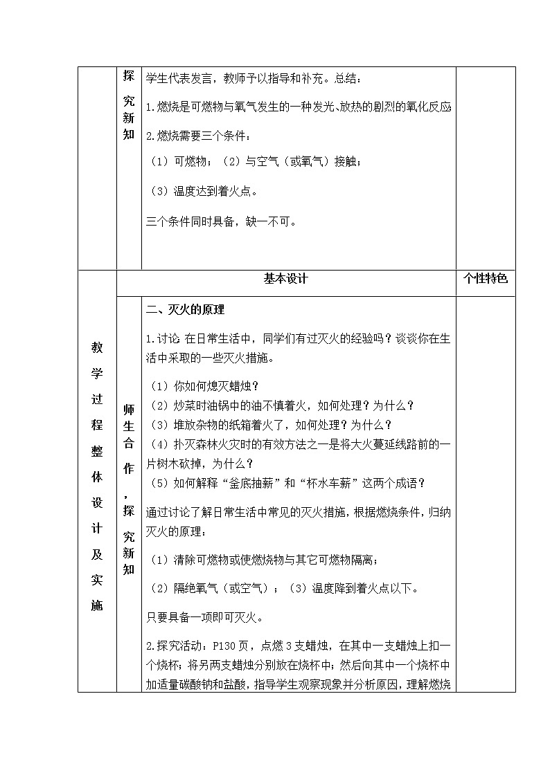 7.1 燃烧和灭火 教案 人教版九年级化学上册第2页