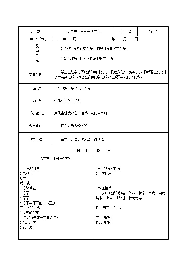 2021年初中化学鲁教版 九年级上册 第二单元 第二节 水分子的变化 第2课时 教案第1页