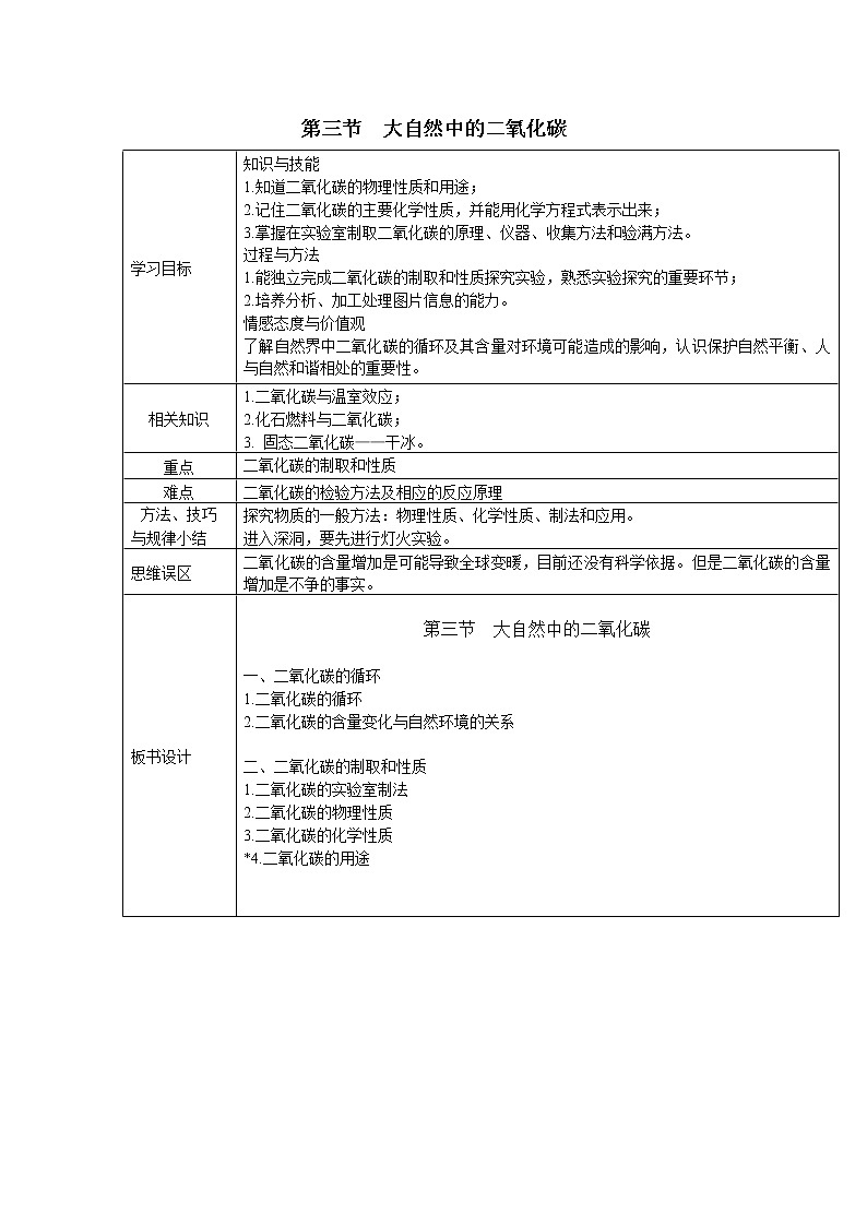 2021年初中化学鲁教版 九年级上册 第六单元 第三节 大自然中的二氧化碳 教案第1页