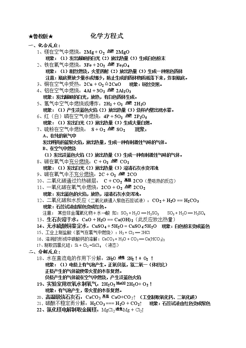 鲁教版化学方程式（大全）01