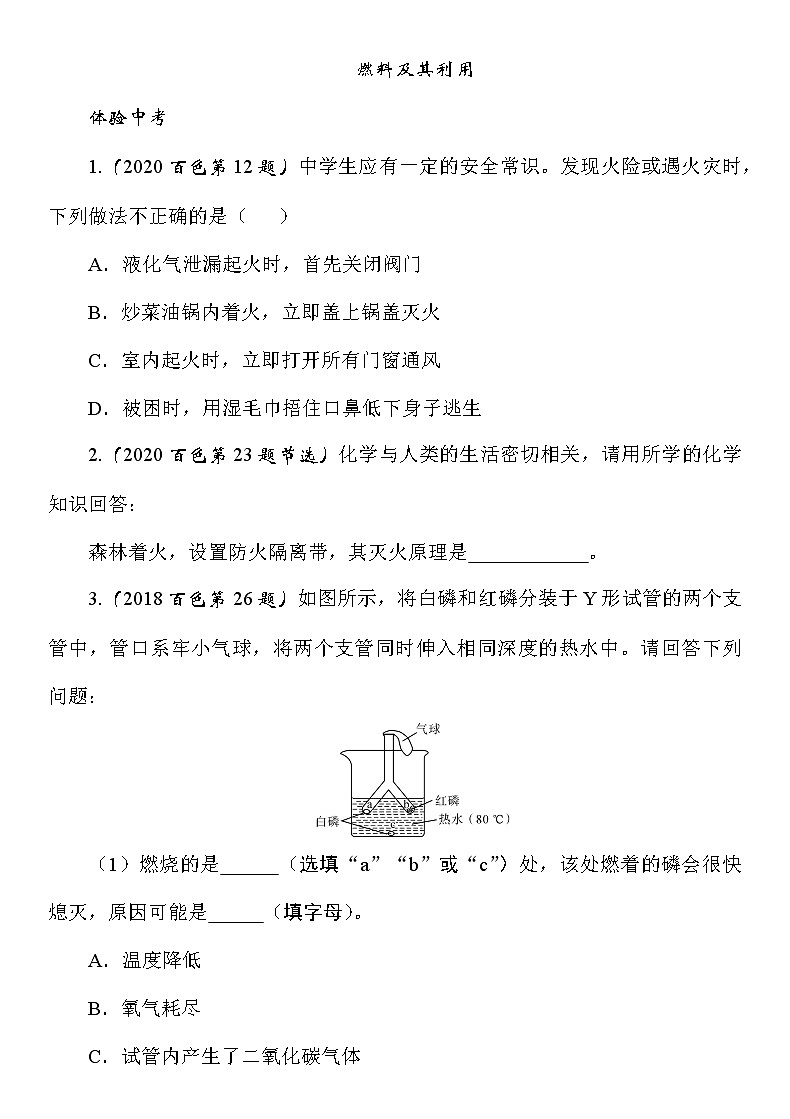 九年级化学中考知识点过关训练——燃料及其利用（Word版附答案）第1页