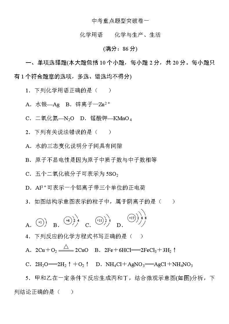 九年级化学中考重点题型突破卷《化学用语　化学与生产、生活》第1页